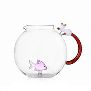 Ichendorf Milano Tabby Cat Glass Jug, Pink Fish & White Cat With Amber Tail, 81.2 oz