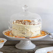 Juliska Berry and Thread Serveware Whitewash 14" Ceramic Cake Pedestal Stand, 14" with tasty cake