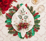 Kim Seybert Holly & Sprig Napkin in White, Red & Green, Set of 4