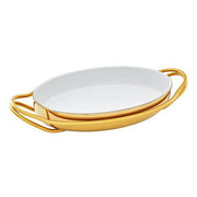 New Living Oval Gold Porcelain Dish with Holder by Sambonet Serving Tray Sambonet PVD Gold Polished Stainless Steel 