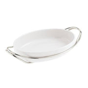 New Living Oval White Porcelain Dish with Holder by Sambonet Serving Tray Sambonet Silverplated on Stainless Steel Small 13.75" X 9.5" x 2.75" 