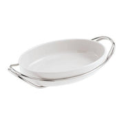 New Living Oval White Porcelain Dish with Holder by Sambonet Serving Tray Sambonet Silverplated on Stainless Steel Medium 15.25" x 10.5" x 3" 