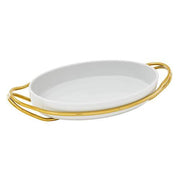 New Living Oval White Porcelain Dish with Holder by Sambonet Serving Tray Sambonet PVD Gold Polished Stainless Steel Medium 15.25" x 10.5" x 3" 