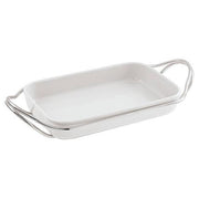 New Living Rectangular White Porcelain Dish with Holder by Sambonet Serving Tray Sambonet Silverplated on Stainless Steel Small 13.75" x 8.5" x 2.5" 