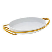New Living Oval White Porcelain Dish with Holder by Sambonet Serving Tray Sambonet PVD Gold Hi-Tech Stainless Steel Medium 15.25" x 10.5" x 3" 