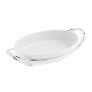 New Living Oval White Porcelain Dish with Holder by Sambonet Serving Tray Sambonet Polished Stainless Steel Small 13.75" X 9.5" x 2.75" 