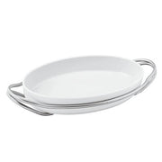 New Living Oval White Porcelain Dish with Holder by Sambonet Serving Tray Sambonet Antico Stainless Steel Small 13.75" x 9.5" 
