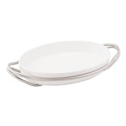 New Living Oval White Porcelain Dish with Holder by Sambonet Serving Tray Sambonet Antico Stainless Steel Medium 15 1/3" x 10.5" 