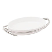 New Living Oval White Porcelain Dish with Holder by Sambonet Serving Tray Sambonet Antico Stainless Steel Large 17.25" x 10.5" 