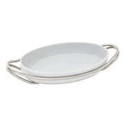 New Living Oval White Porcelain Dish with Holder by Sambonet Serving Tray Sambonet Hi Tech Stainless Steel Medium 15.25" x 10.5" x 3" 