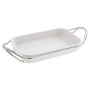 New Living Rectangular White Porcelain Dish with Holder by Sambonet Serving Tray Sambonet Polished Stainless Steel Small 13.75" x 8 1/6" 