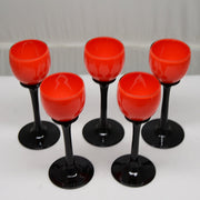 Antique Czechoslovakian Tango Red with Black Stem Cordial Glasses, 4.5", Set of 5 Stemware Amusespot 