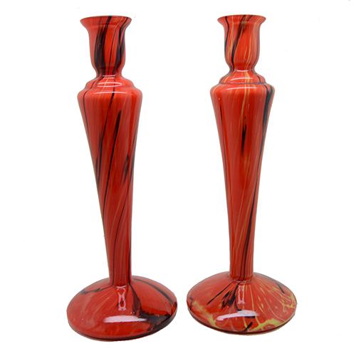 Czechoslovakian Orange Glass Candlesticks, 10", Pair Amusespot
