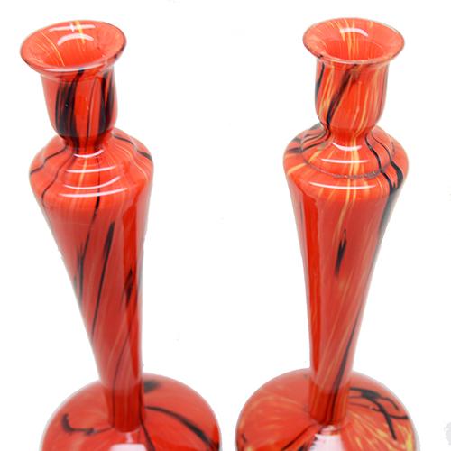 Czechoslovakian Orange Glass Candlesticks, 10", Pair Amusespot